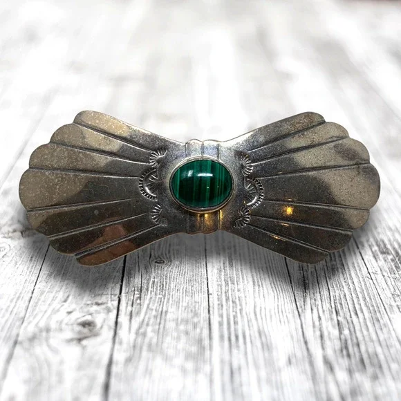 Vintage Navajo Hair Barrette Sterling Silver 925 Malachite Stamped Marked GJ